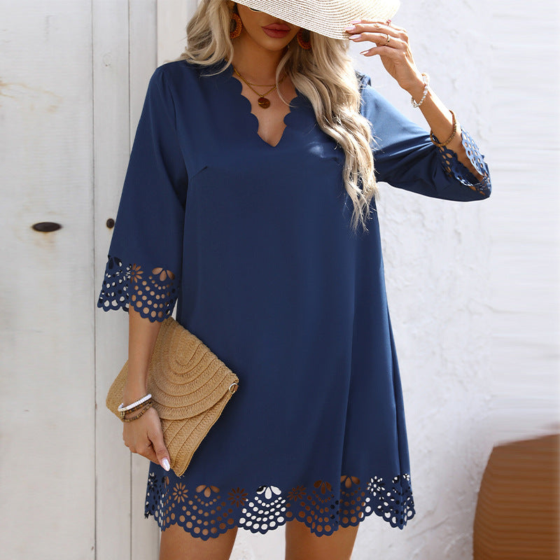 Lace Burning Flower A- Line V-neck Long-sleeve Dress