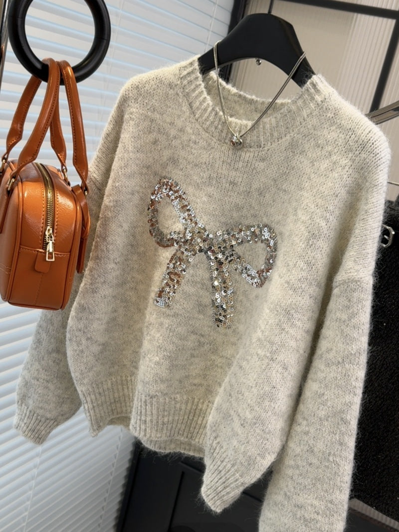 Women's Heavy-duty Bow Sequined Pullover Sweater