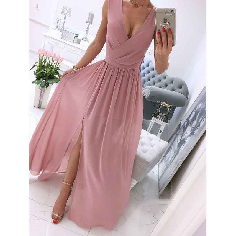 Sleeve Solid Color V-Neck Dress Dress Women's