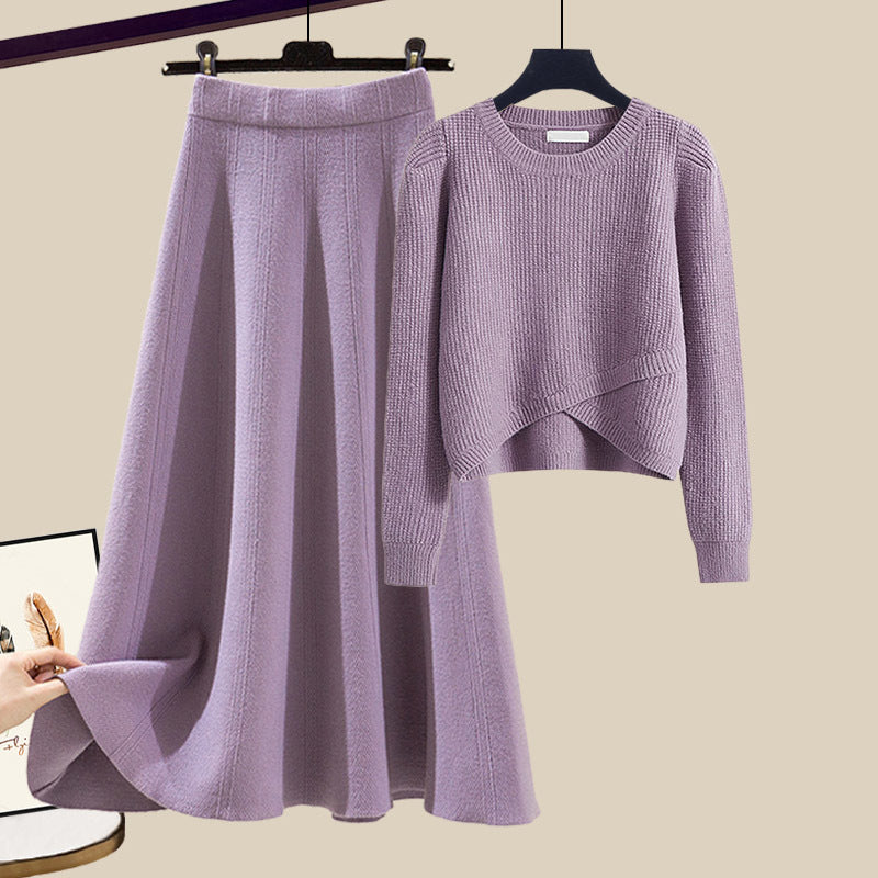 Irregular Gentle Style Knitted Sweater Skirt Suit