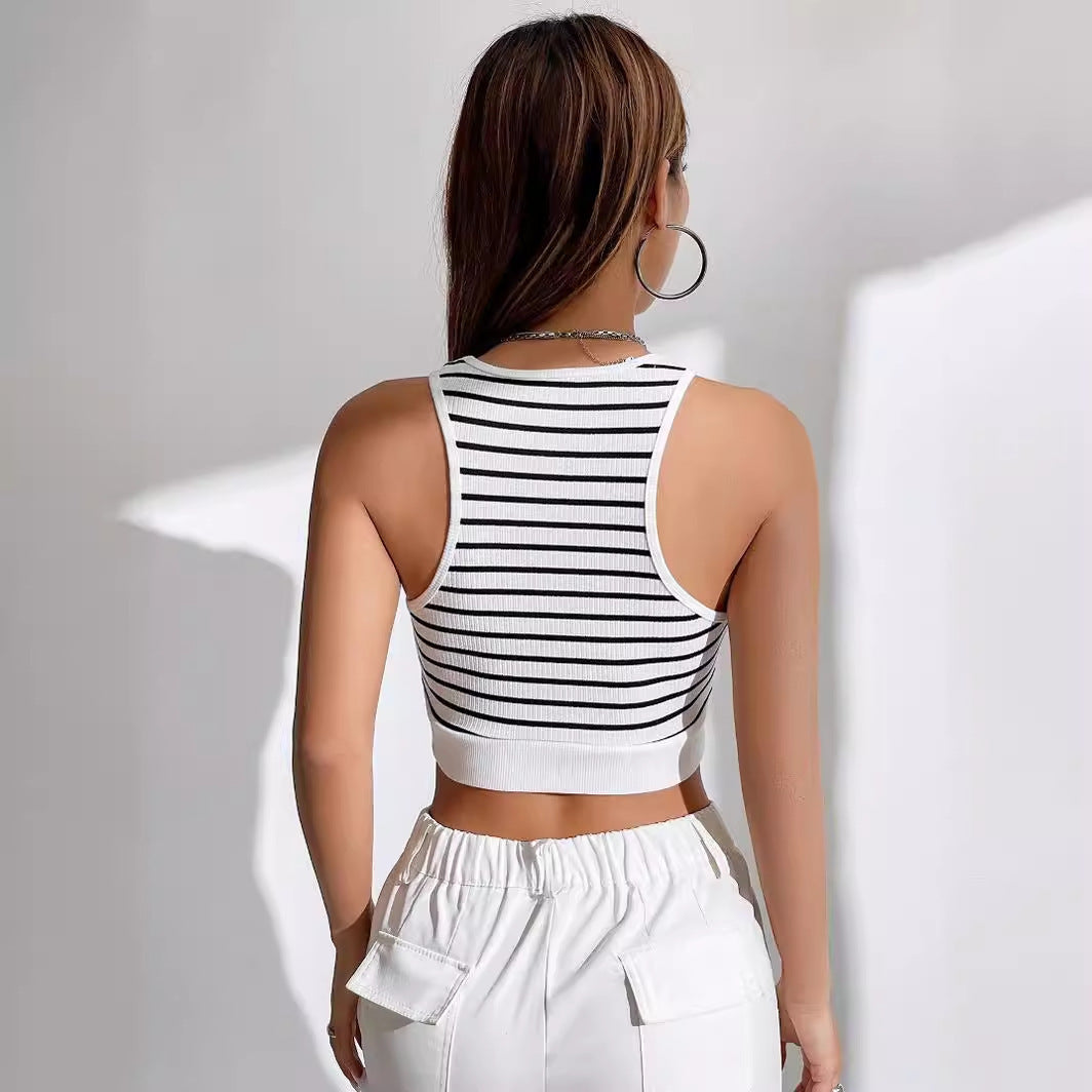 Black And White Striped Short Style Outer Wear Slim Sleeveless Vest