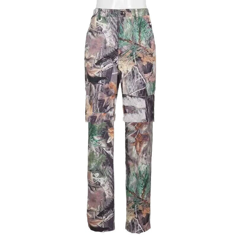 Loose Casual Workwear Pants With Leaf Print Pockets