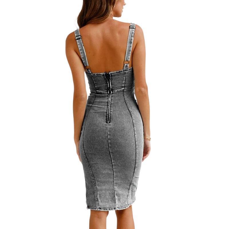 Fashion Sling Split Stretch Denim Dress