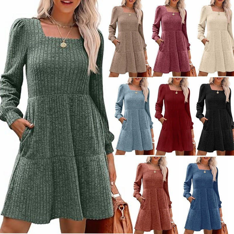 Woman Square-neck Lantern Sleeve Pocket Long Sleeve Dress