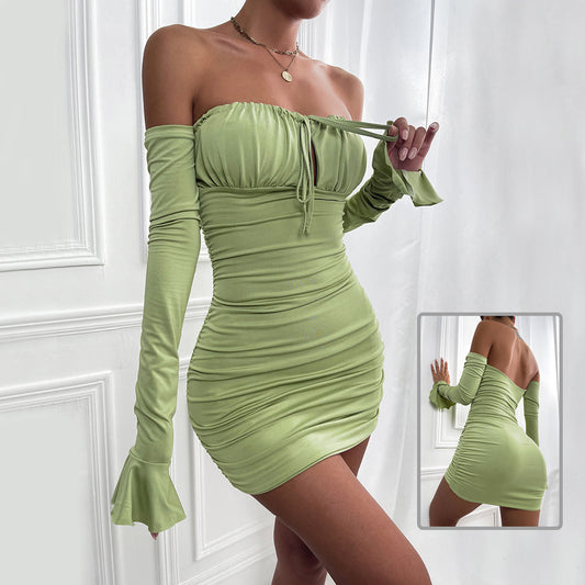 Fashion Slim Off-shoulder Long Sleeve Dress Sexy Tie Pleated Short Dresses Womens Clothing