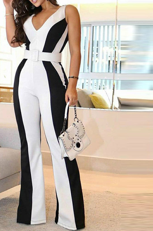 Sexy Jumpsuit Black And White Contrast Color Slim Fit Jumpsuit Women Without Belt