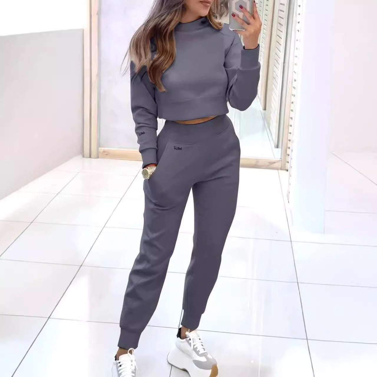 Stand Collar Sports Suit Fashion Pullover Long-sleeves Short Top And Slim Trousers With Pockets Solid Outfits Women's Clothing