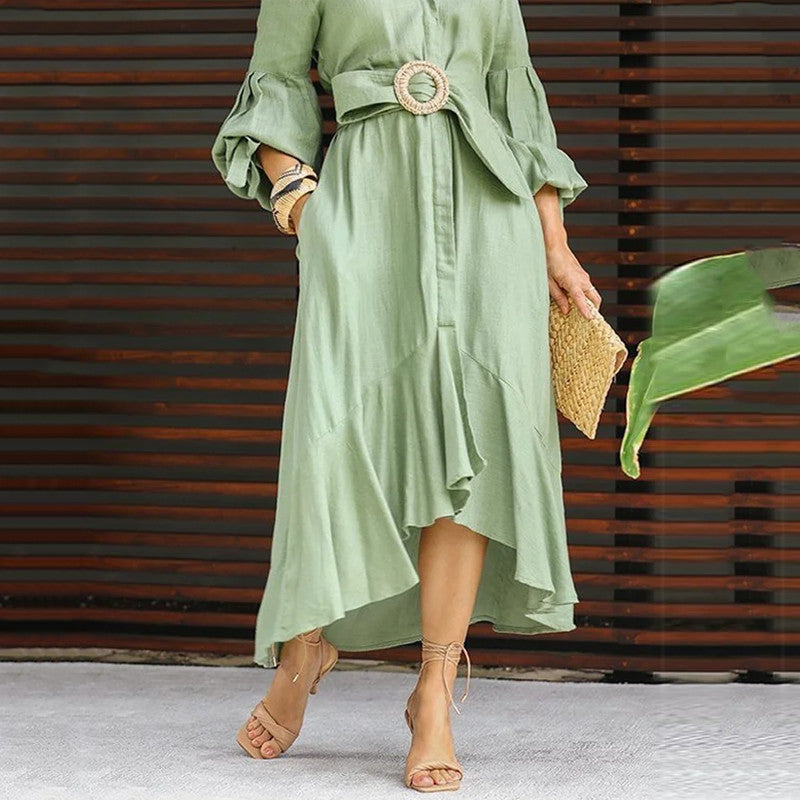 Fashion Casual Green Dress With Full Sleeves