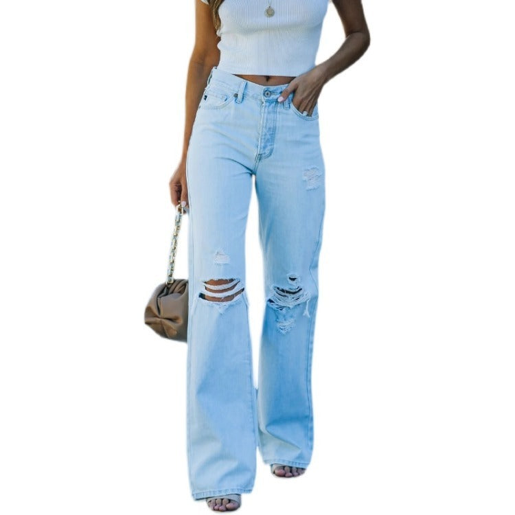 Ladies Denim Wide-leg Pants Washed Ripped Casual Foreign Trade Denim Trousers