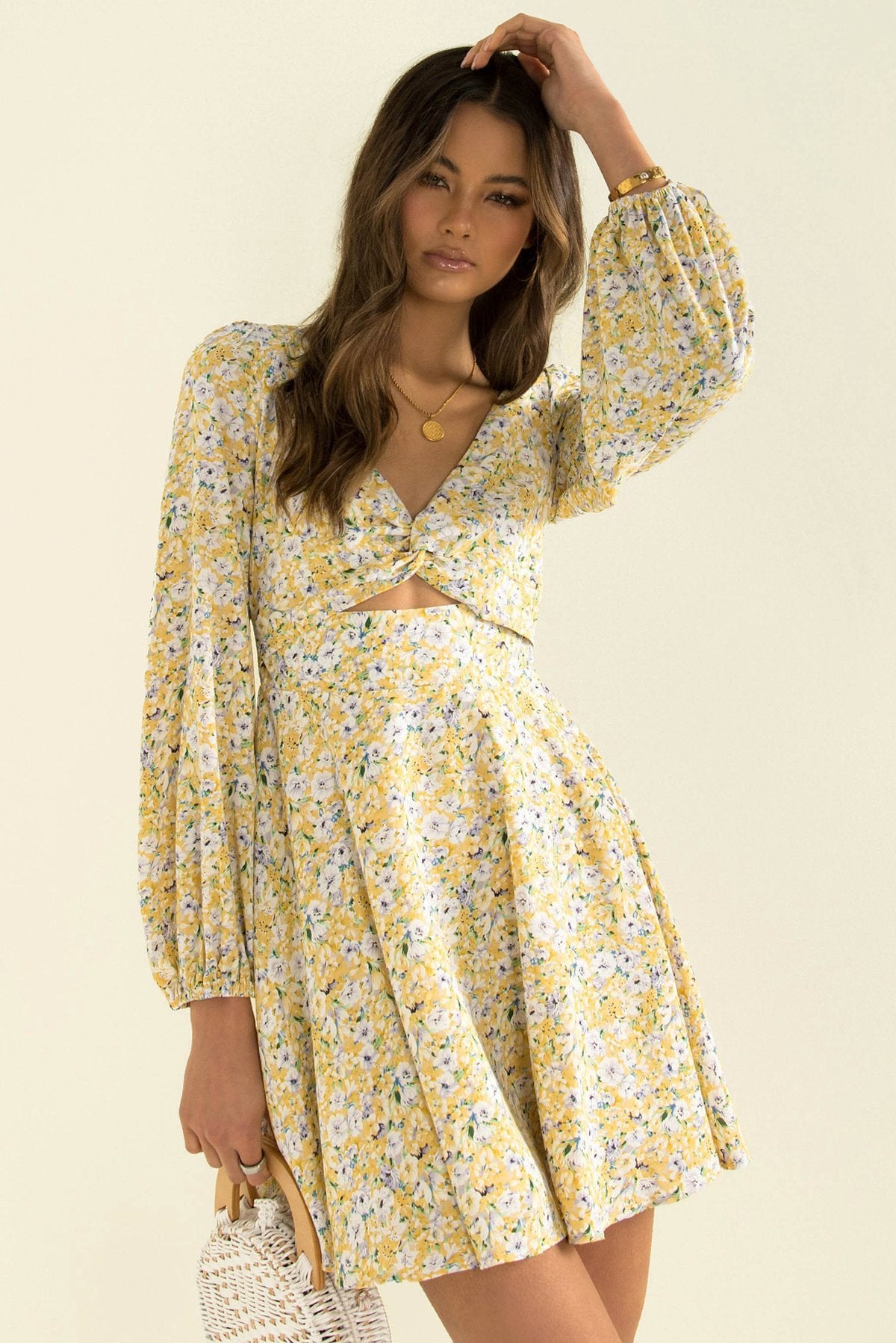 V-neck Long-sleeved Floral Dress Trendy Brand