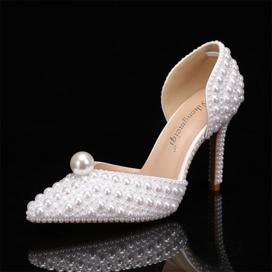 Women's Low-cut Pointed-toe Stilettos Pearl Wedding Shoes