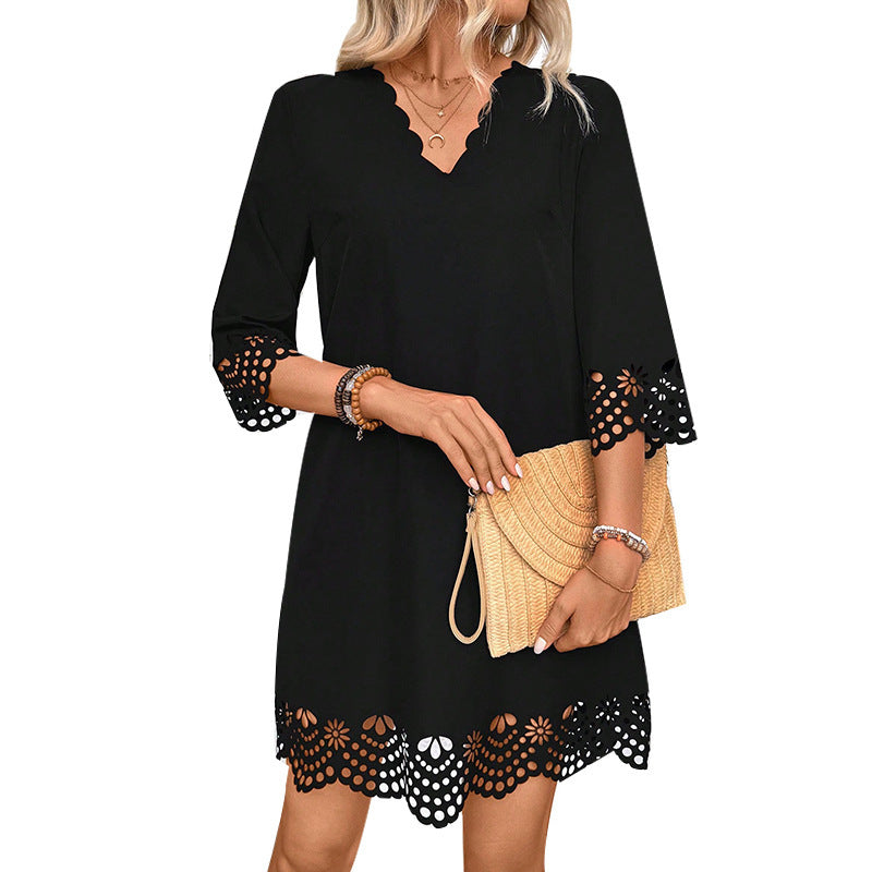 Lace Burning Flower A- Line V-neck Long-sleeve Dress