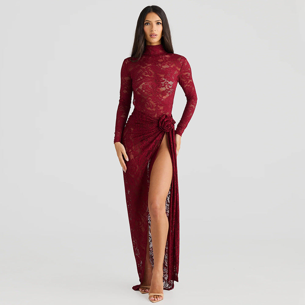 Slim-fit See-through Two-piece Half Turtleneck Bare Back