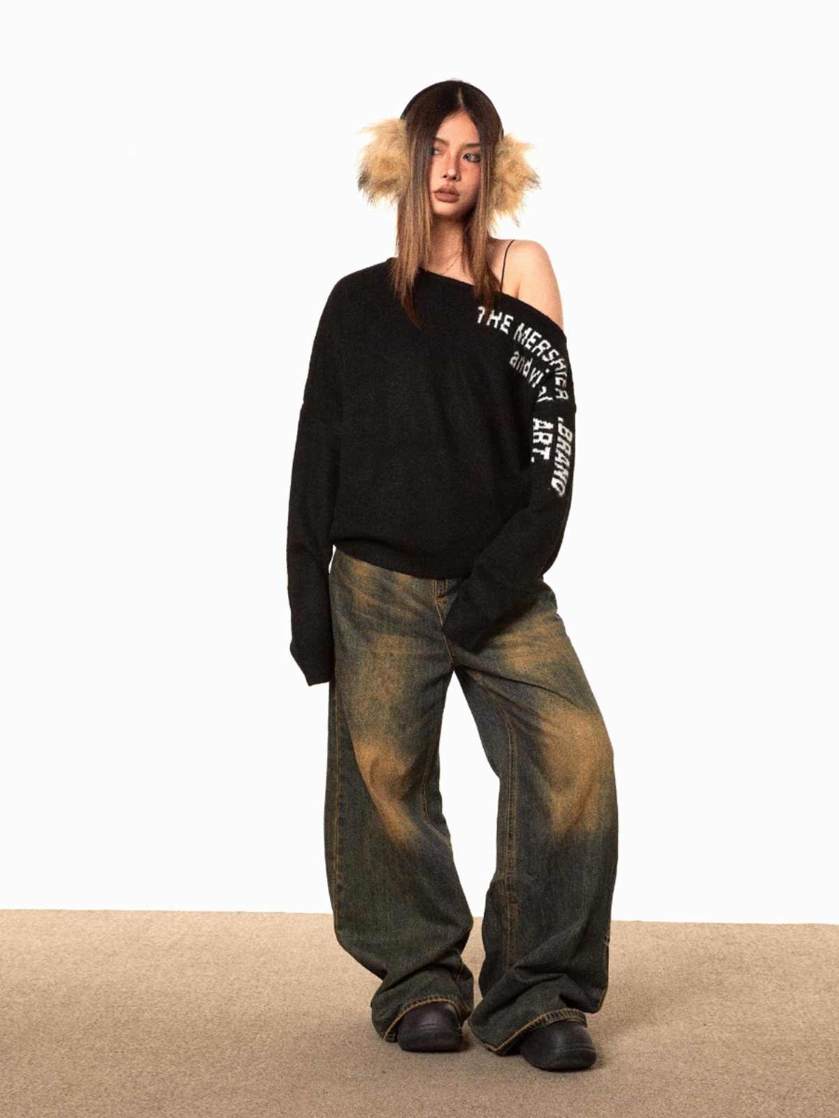 Off-the-shoulder Letter Sweater Retro Oblique Shoulder Collar Top