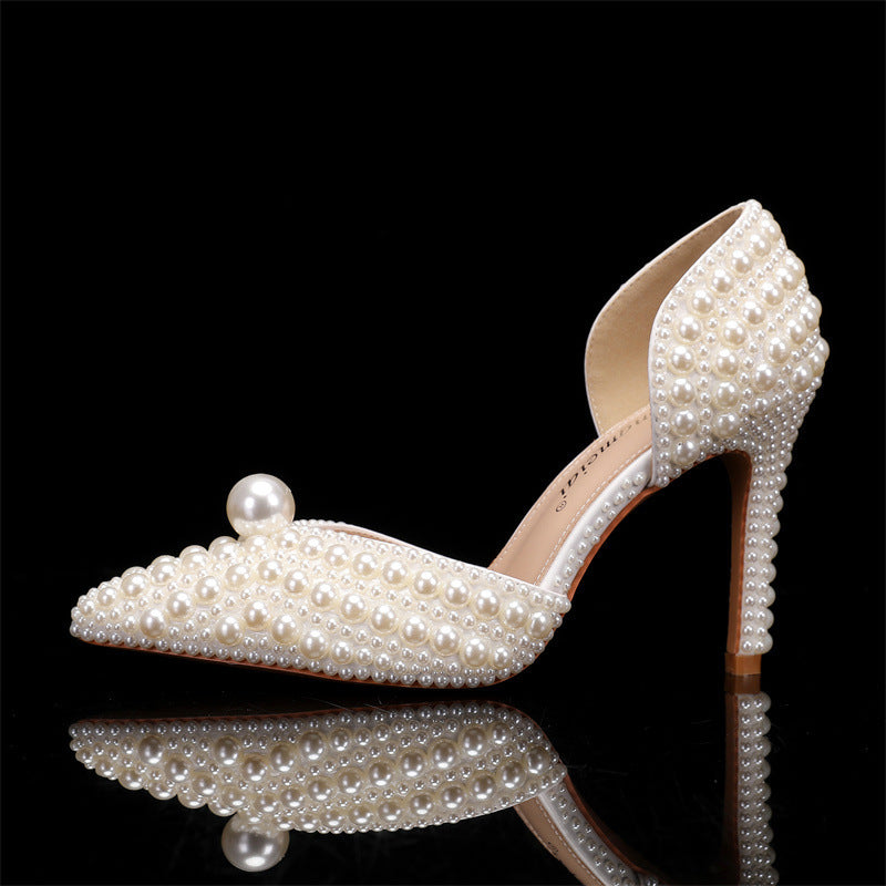 Women's Low-cut Pointed-toe Stilettos Pearl Wedding Shoes