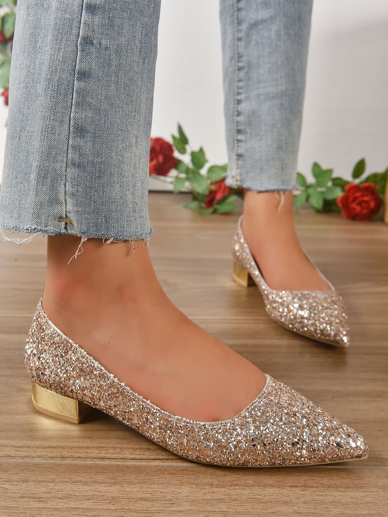 Crystal Sequins Low Heel Shoes Women