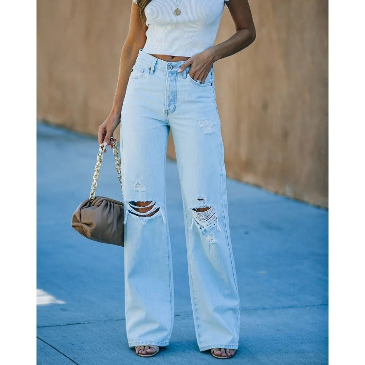 Ladies Denim Wide-leg Pants Washed Ripped Casual Foreign Trade Denim Trousers