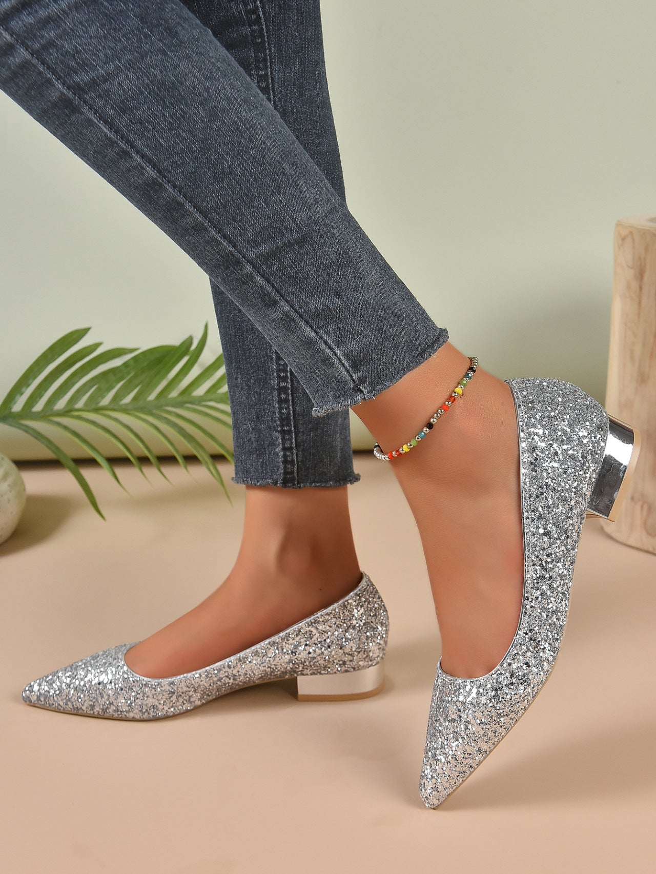 Crystal Sequins Low Heel Shoes Women