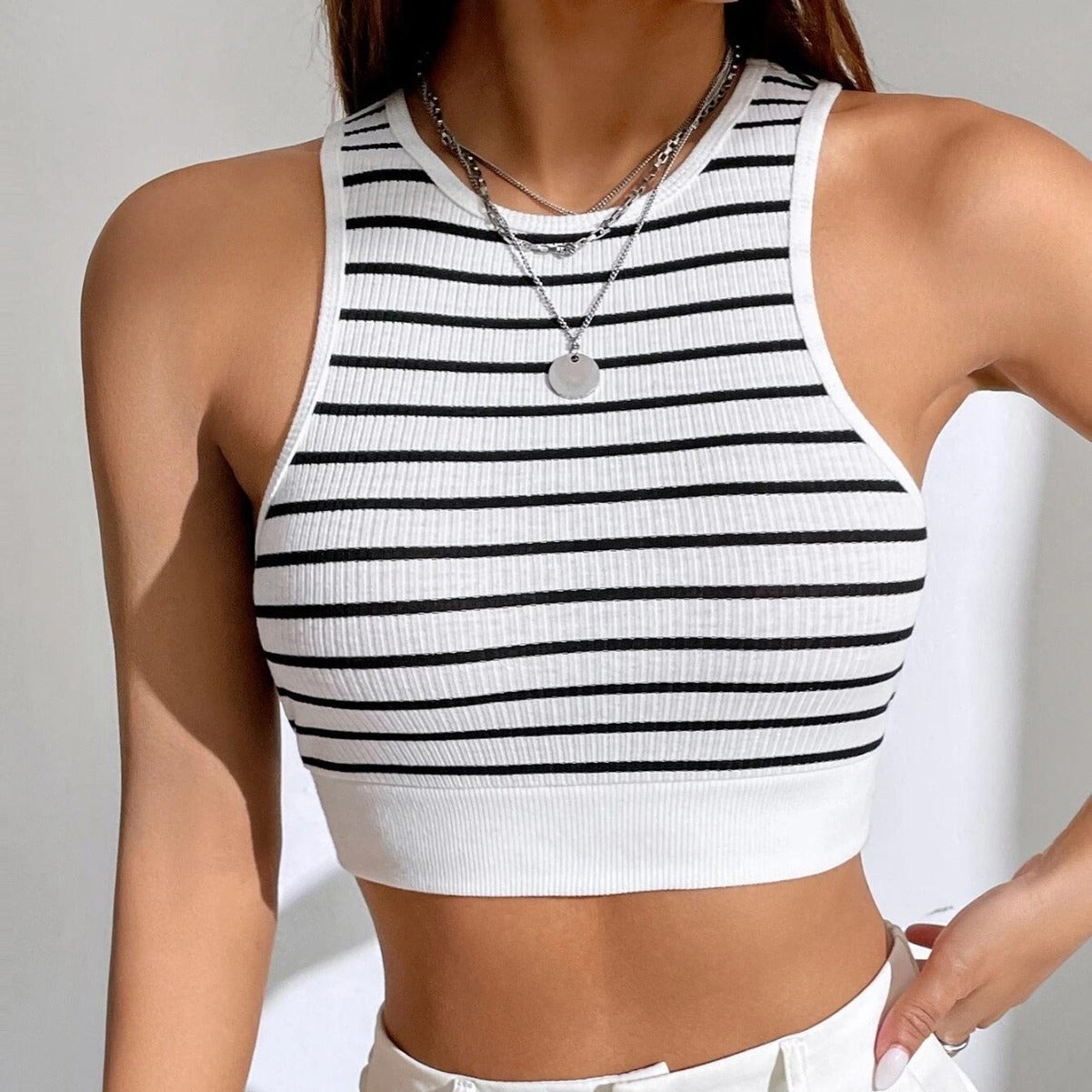 Black And White Striped Short Style Outer Wear Slim Sleeveless Vest